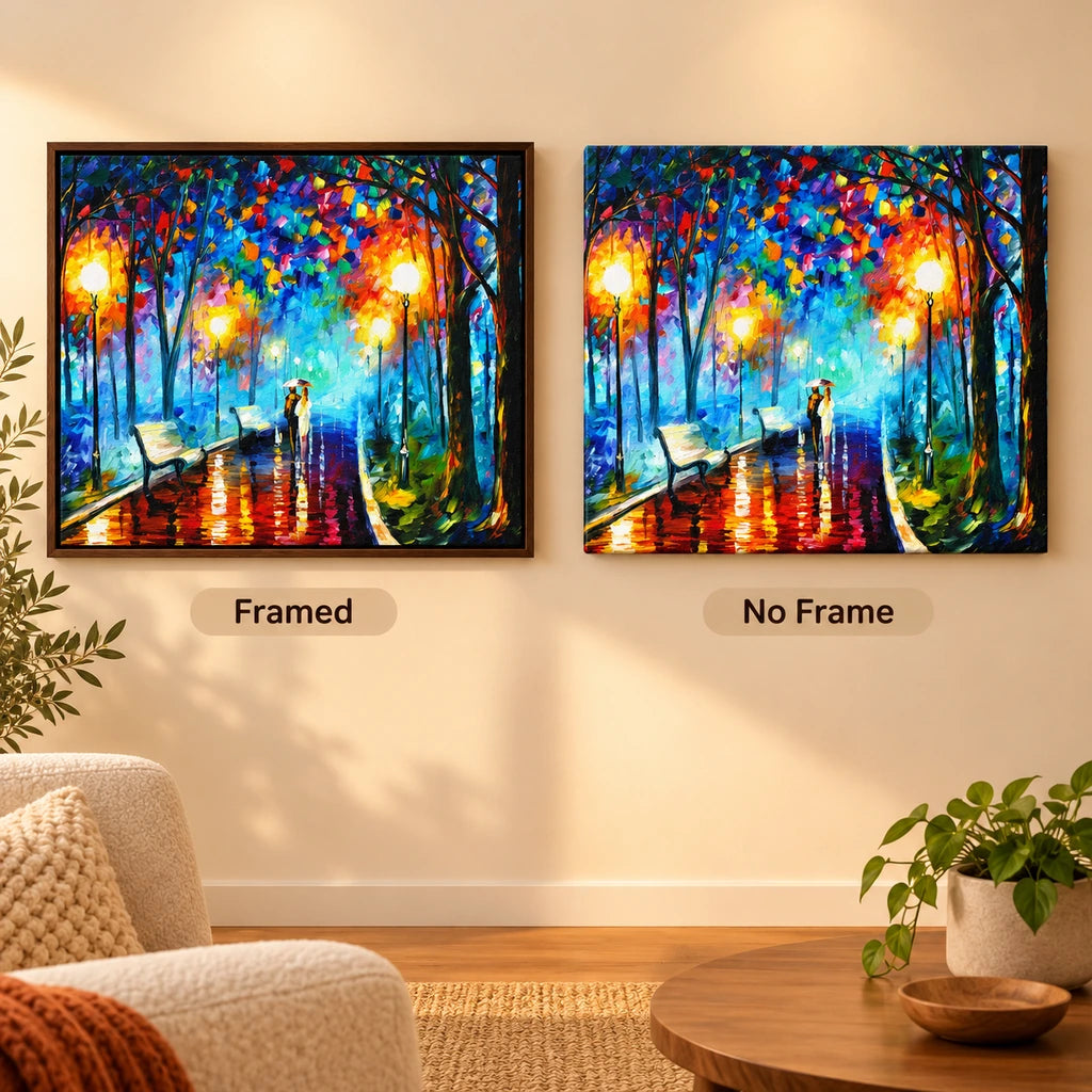 Framed and no-frame comparison for Rainy Park Couple Under an Umbrella Diamond Painting Kit