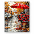 Rainy Red Umbrella and Roses paint by numbers artwork on a front-facing canvas against a white background