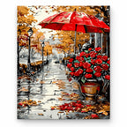 Rainy Red Umbrella and Roses paint by numbers artwork on a front-facing canvas against a white background