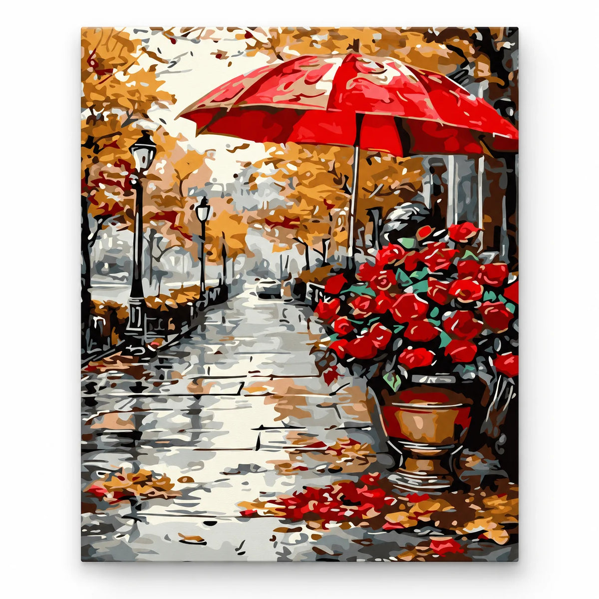 Rainy Red Umbrella and Roses paint by numbers artwork on a front-facing canvas against a white background