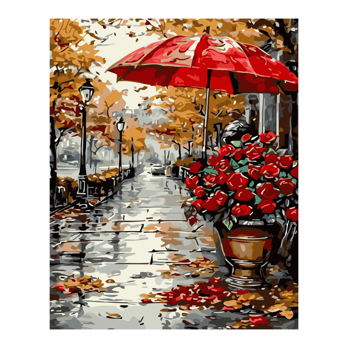 Rainy Red Umbrella and Roses completed artwork on a clean white background