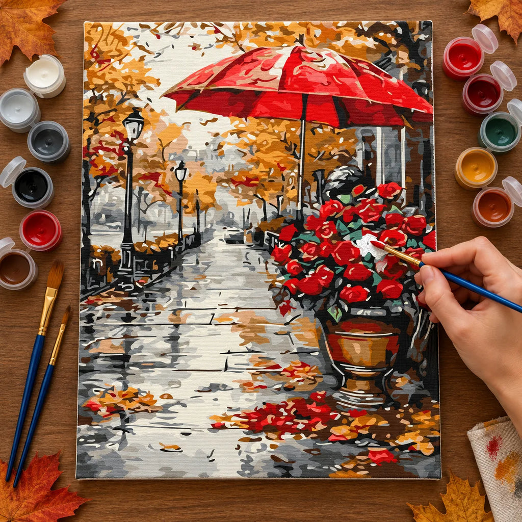 Complete Rainy Red Umbrella and Roses numbered canvas being painted with acrylic paints and brushes