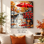 Rainy Red Umbrella and Roses shown in a styled room with 15.7 × 19.7 in and 40 × 50 cm dimensions