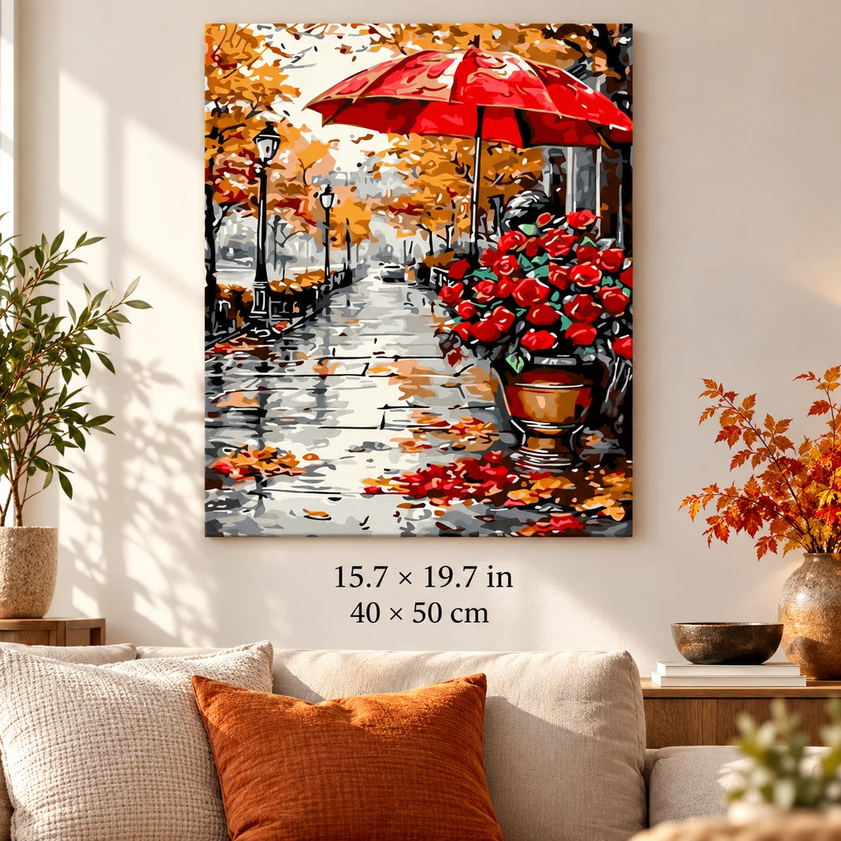 Rainy Red Umbrella and Roses shown in a styled room with 15.7 × 19.7 in and 40 × 50 cm dimensions