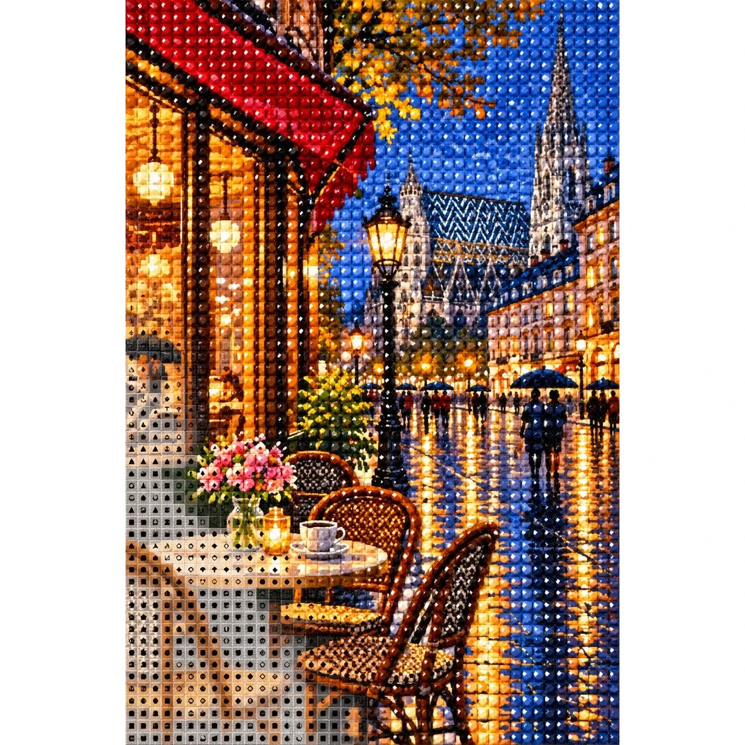 Rainy Riverside Cafe Night diamond and canvas detail