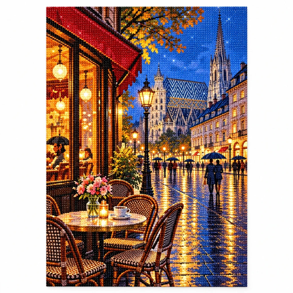 Rainy Riverside Cafe Night finished diamond artwork on white background