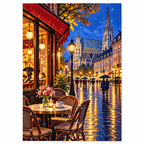 Rainy Riverside Cafe Night finished diamond artwork on white background