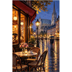 Rainy Riverside Cafe Night original artwork on white background