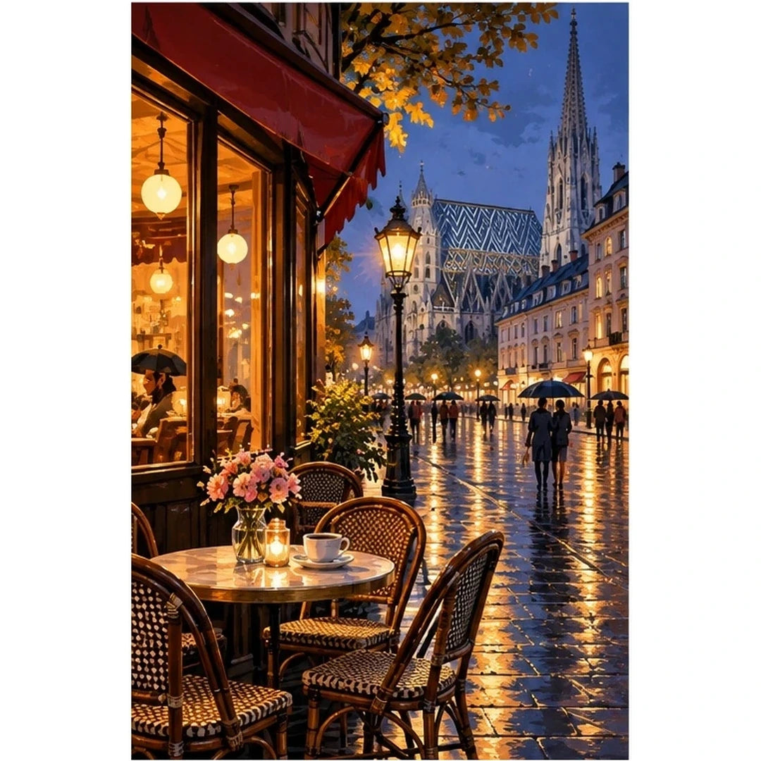 Rainy Riverside Cafe Night original artwork on white background