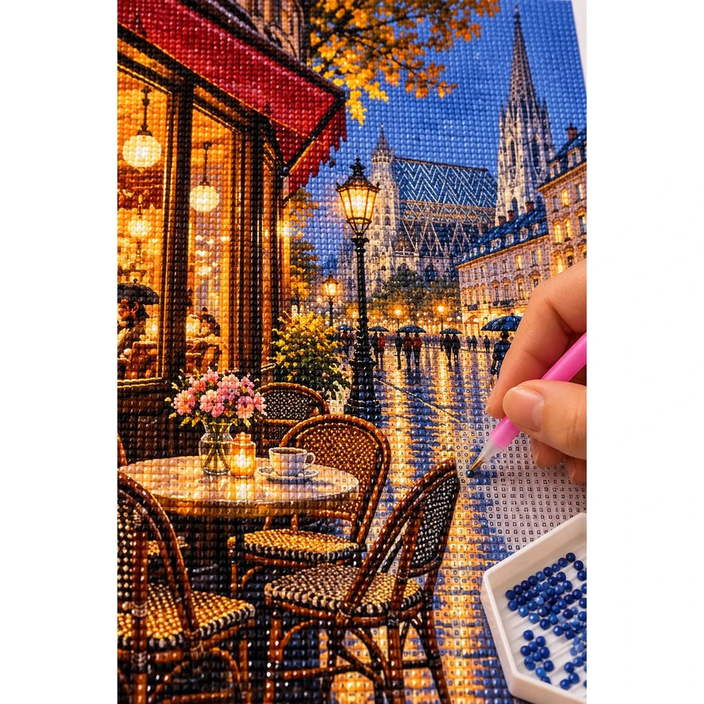 Rainy Riverside Cafe Night diamond placement process