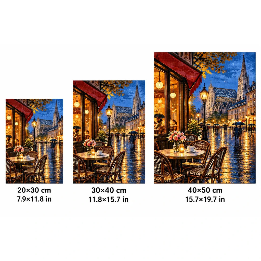 Rainy Riverside Cafe Night size guide