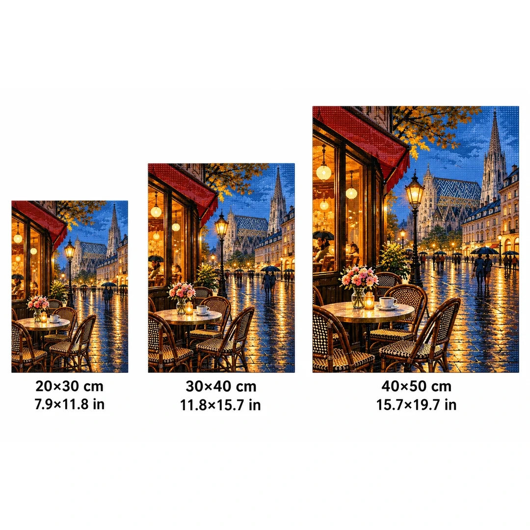 Rainy Riverside Cafe Night size guide