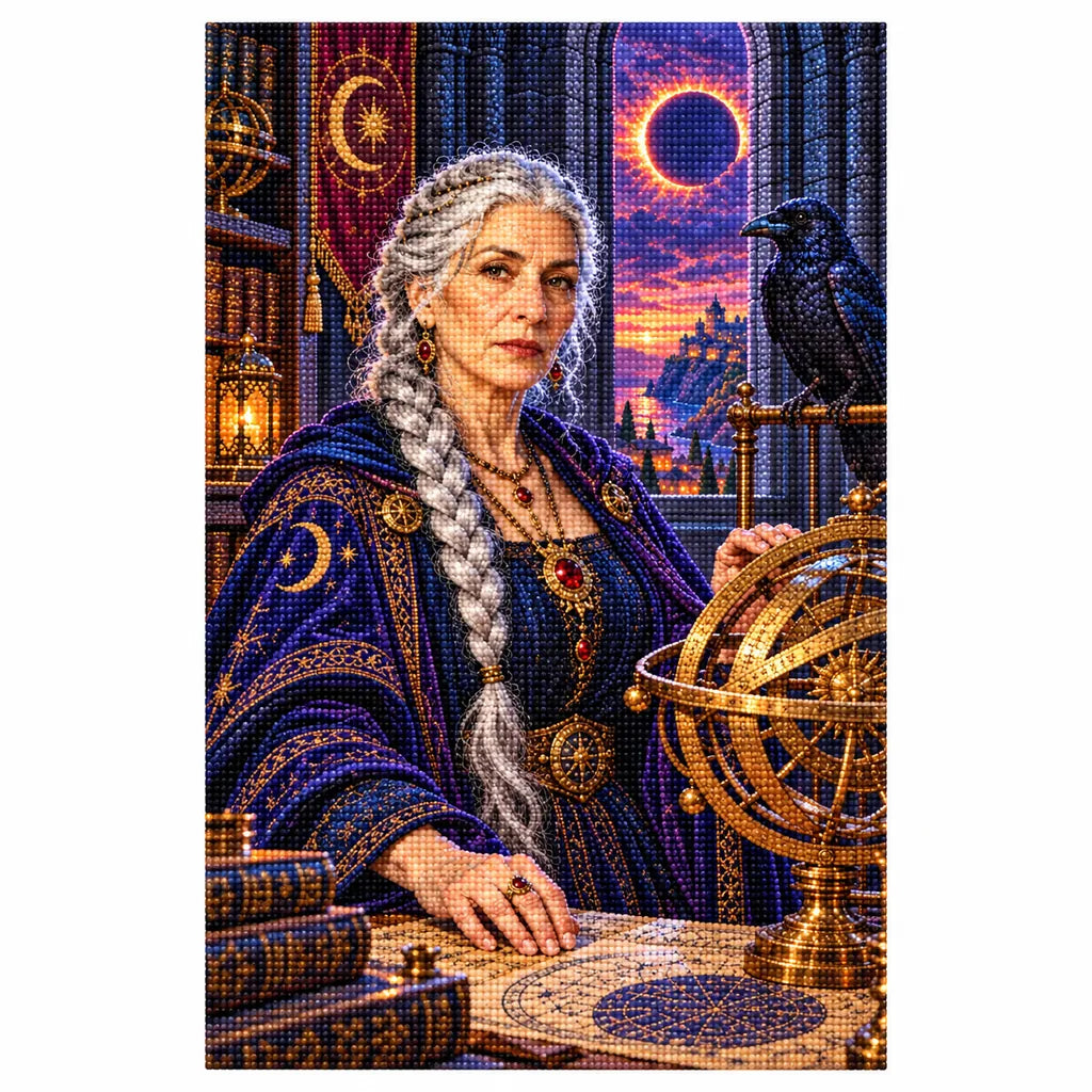 Finished diamond painting of a raven and astronomer with a celestial globe.