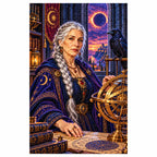 Finished diamond painting of a raven and astronomer with a celestial globe.