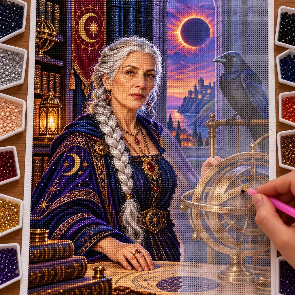 Hand placing drills on the astronomer and brass globe canvas.