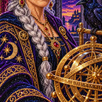 Close-up of sparkling drills across the astronomer's robe and celestial globe.
