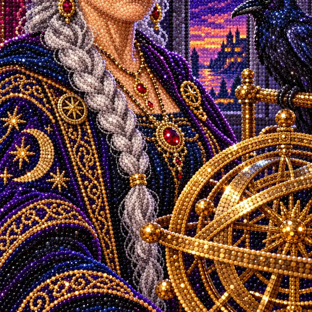 Close-up of sparkling drills across the astronomer's robe and celestial globe.