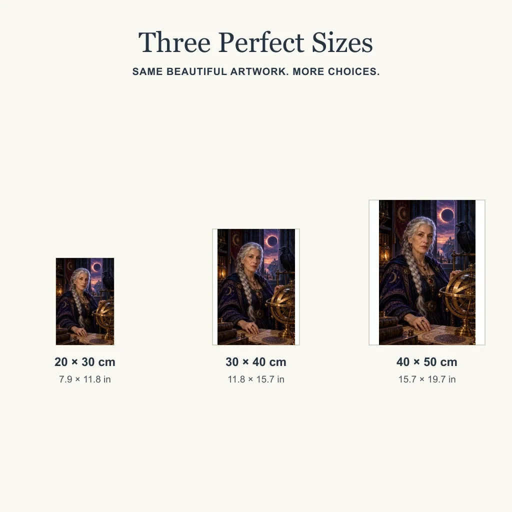 Three size options for the Raven Astronomer diamond painting kit.