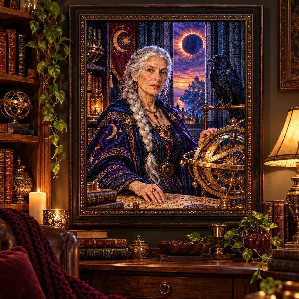 Framed Raven Astronomer artwork displayed in a warm observatory interior.