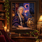 Framed Raven Astronomer artwork displayed in a warm observatory interior.