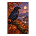 White-background original artwork of raven on an amber branch