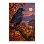 White-background finished diamond painting of raven on an amber branch