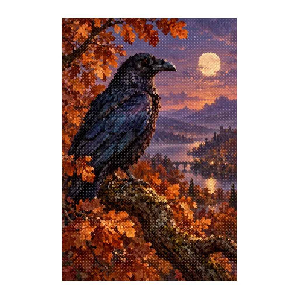 White-background finished diamond painting of raven on an amber branch
