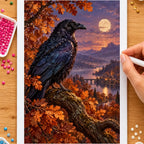 Hands placing drills on the raven on an amber branch diamond painting canvas