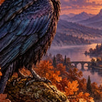 Close-up diamond detail of the raven on an amber branch diamond painting