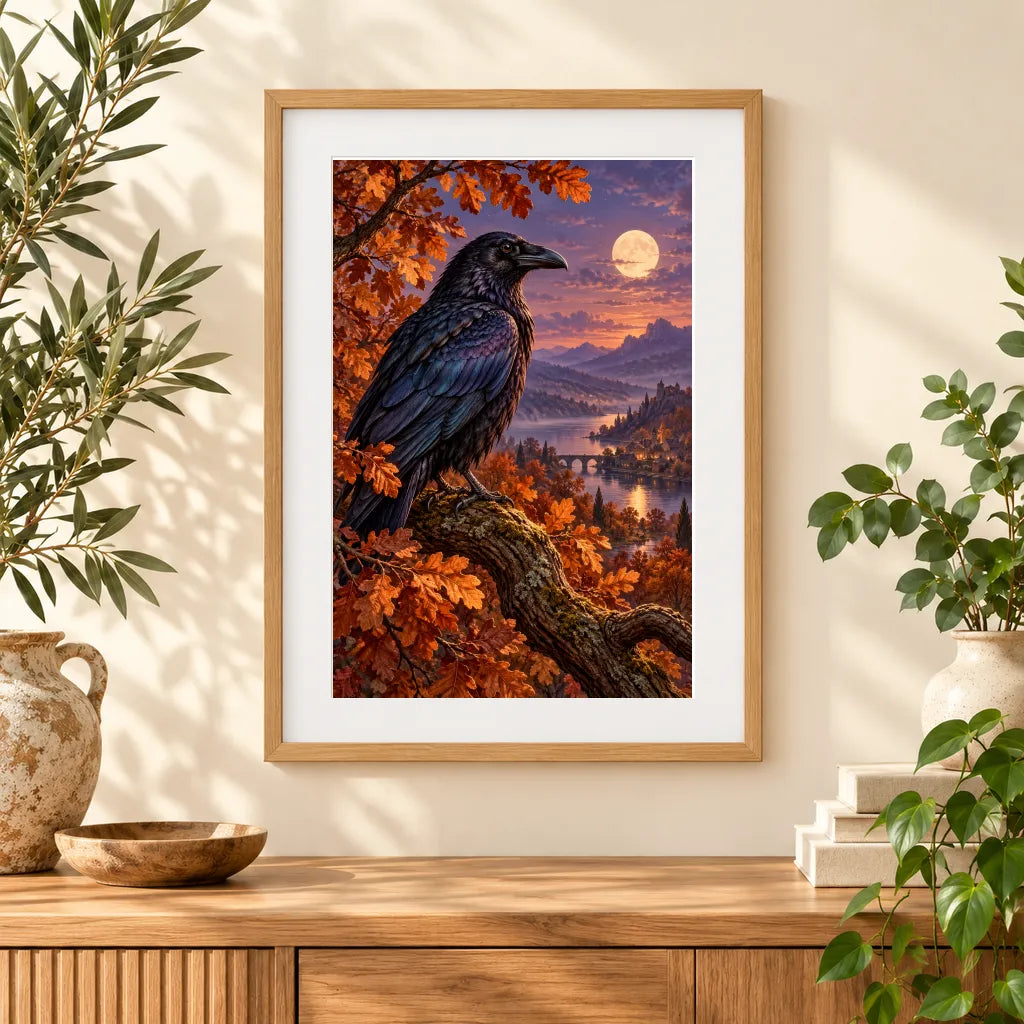 Framed home display of the raven on an amber branch diamond painting