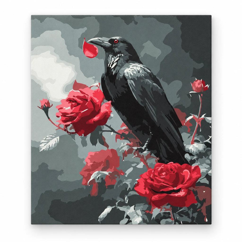 Raven and Red Roses paint by numbers artwork on a front-facing canvas against a white background