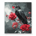 Raven and Red Roses paint by numbers artwork on a front-facing canvas against a white background