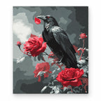 Raven and Red Roses paint by numbers artwork on a front-facing canvas against a white background