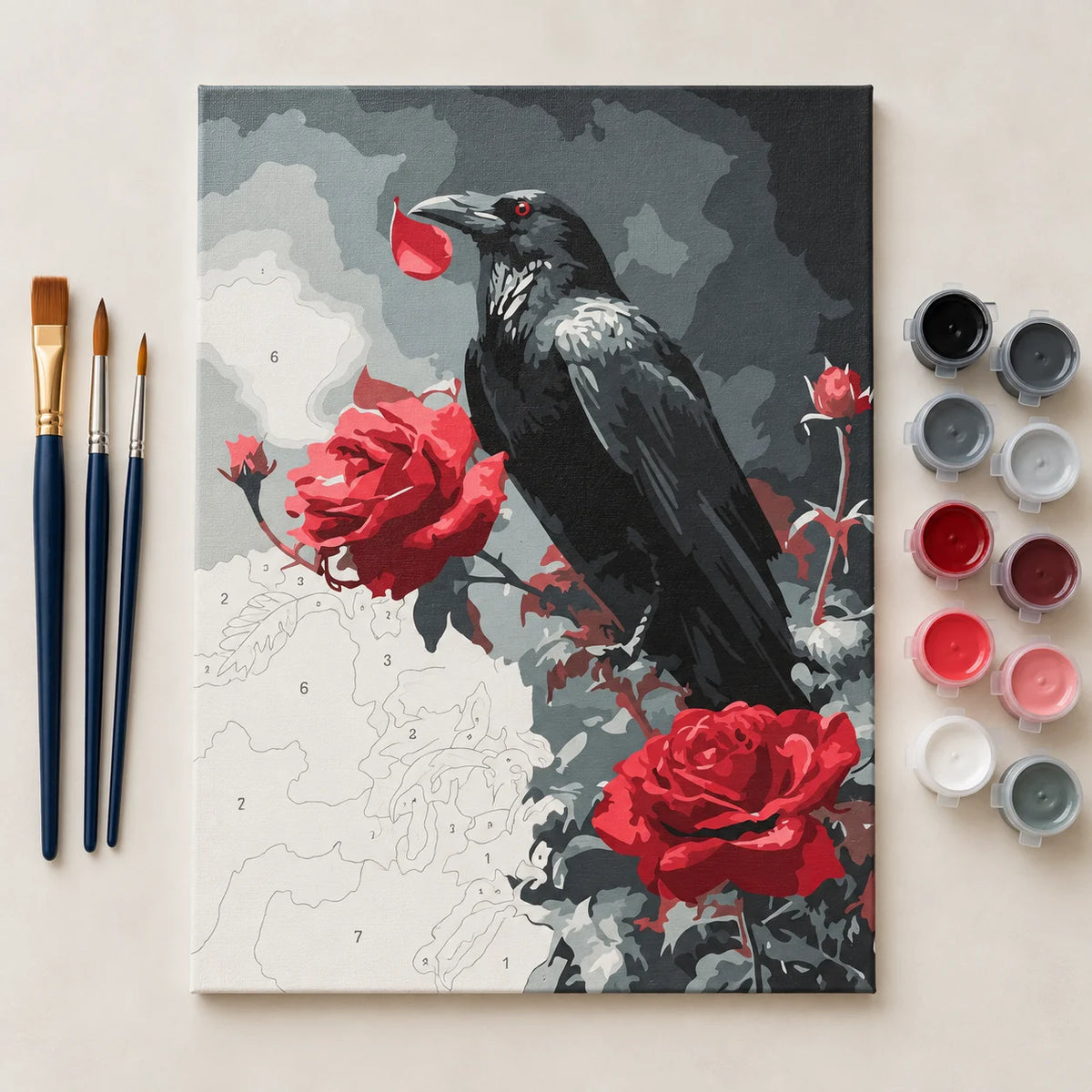 Complete Raven and Red Roses numbered canvas being painted with acrylic paints and brushes
