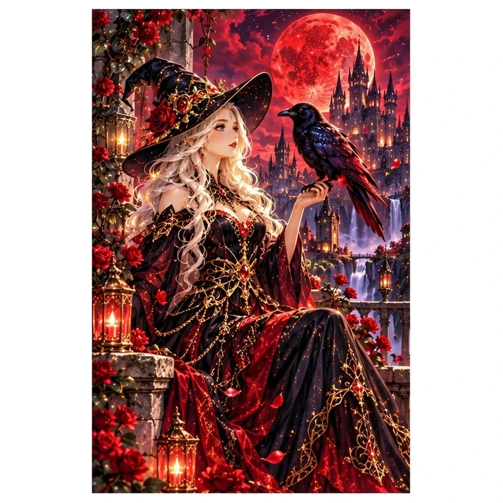 Raven Sorceress Crimson Moon original artwork on white