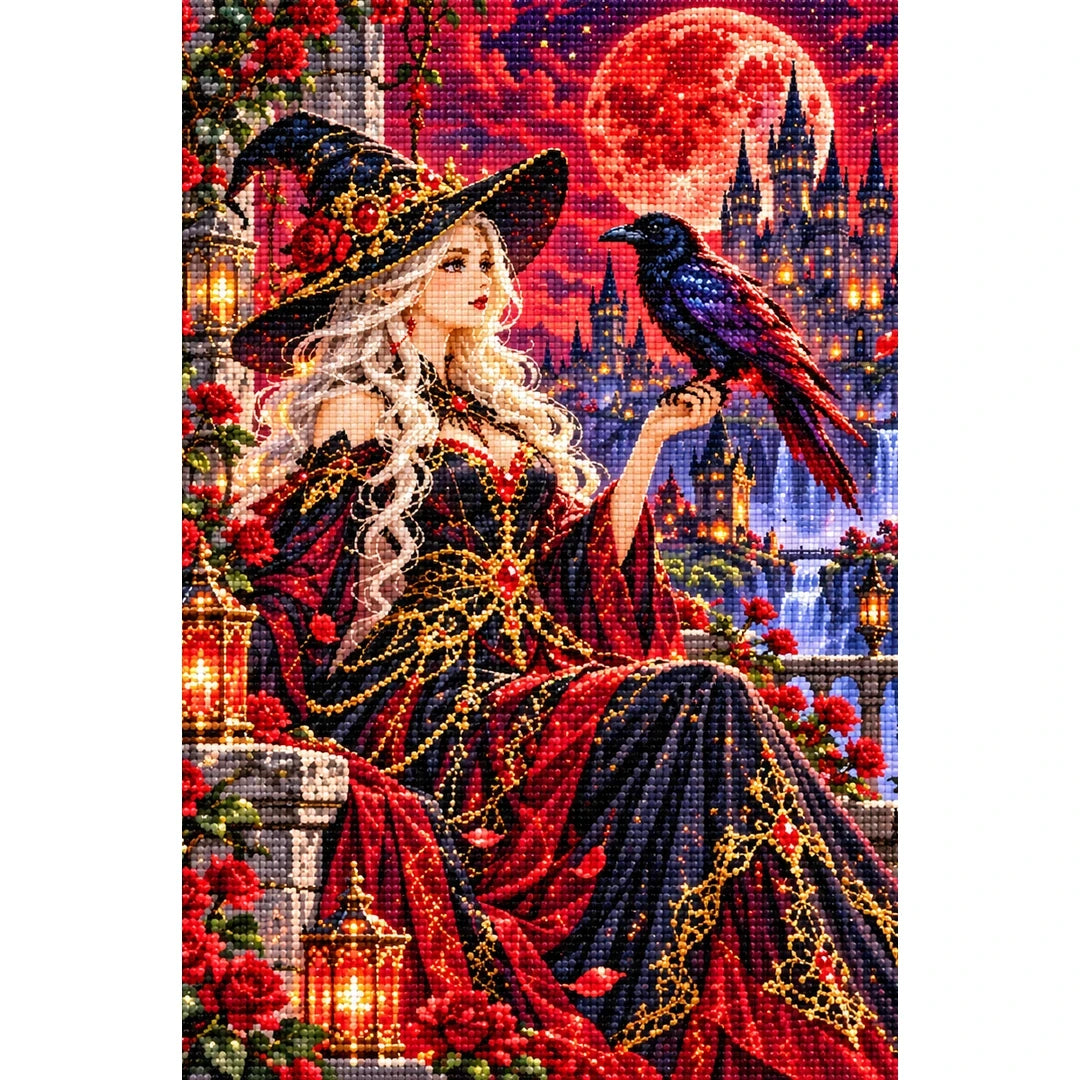 Raven Sorceress Crimson Moon finished diamond painting on white