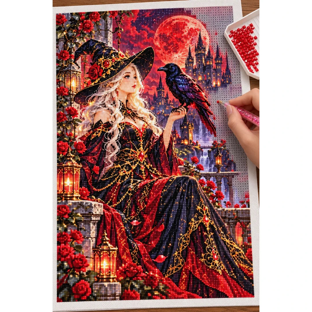 Raven Sorceress Crimson Moon diamond painting process