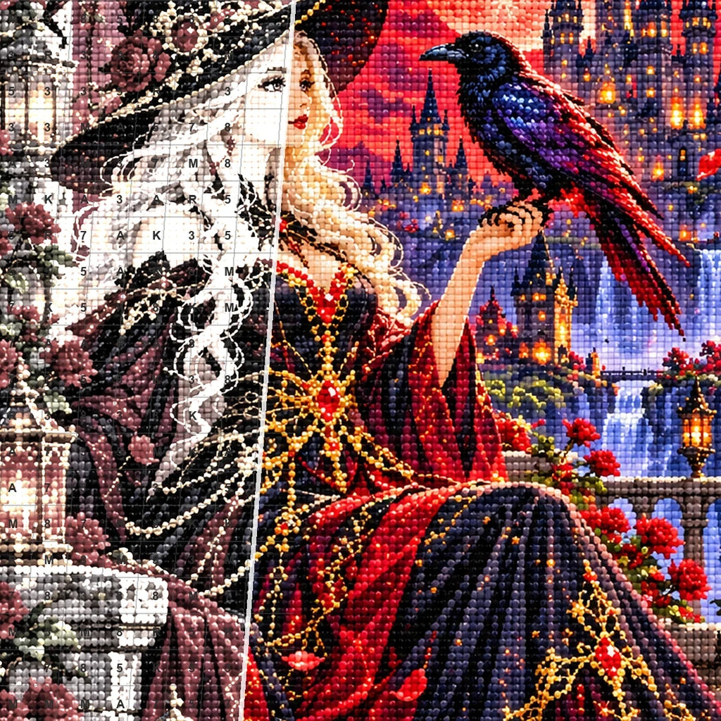 Raven Sorceress Crimson Moon canvas and resin drill detail