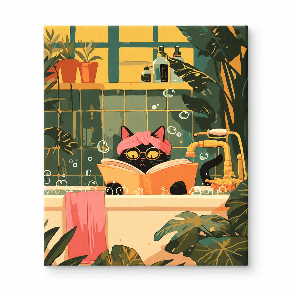 Reading Cat in Cozy Bathtub paint by numbers artwork on a front-facing canvas against a white background