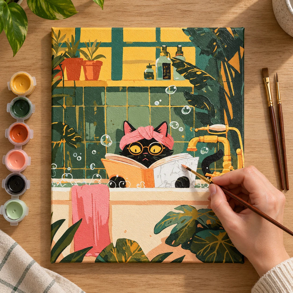 Complete Reading Cat in Cozy Bathtub numbered canvas being painted with acrylic paints and brushes