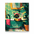 Reading Cat in Cozy Green Room paint by numbers artwork on a front-facing canvas against a white background