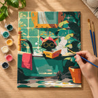 Complete Reading Cat in Cozy Green Room numbered canvas being painted with acrylic paints and brushes