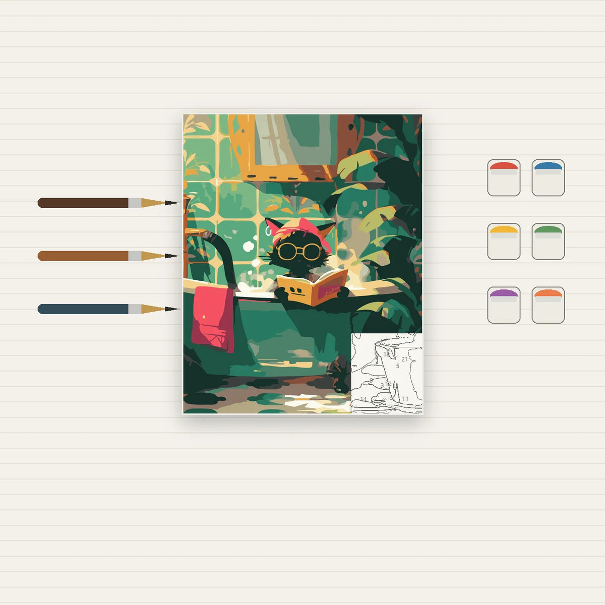 Complete Reading Cat in Cozy Green Room numbered canvas being painted with acrylic paints and brushes