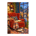Rainy Reading Nook with Cat — finished diamond painting on a white background