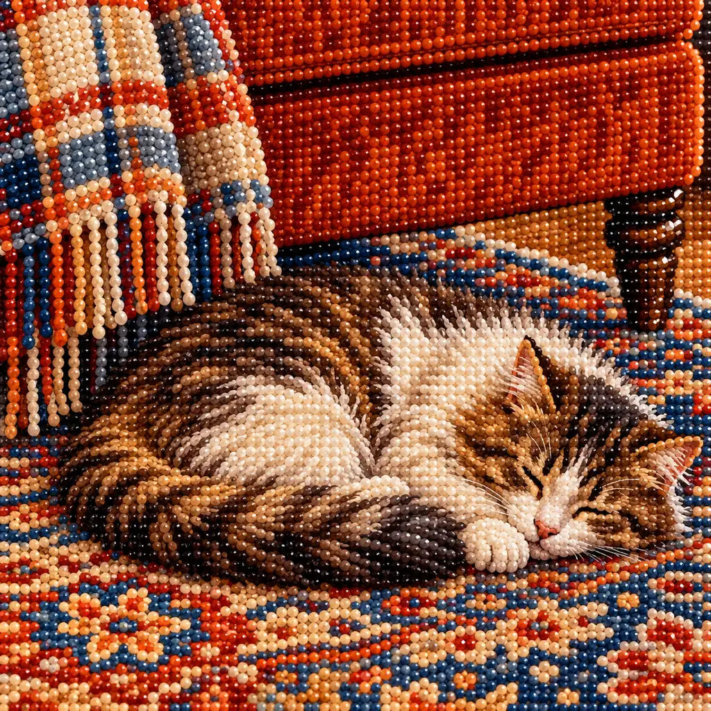 Rainy Reading Nook with Cat — close-up canvas and resin drill detail