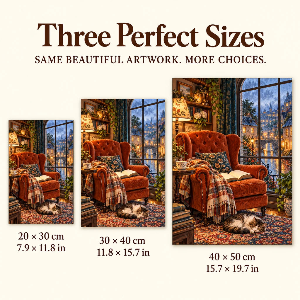Rainy Reading Nook with Cat — size comparison for 20 × 30, 30 × 40 and 40 × 50 cm