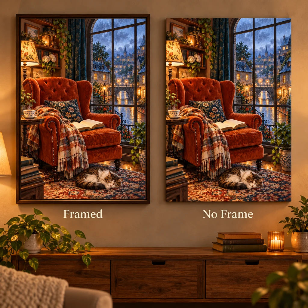 Rainy Reading Nook with Cat — No Frame and Framed style comparison