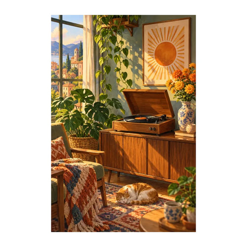 Original white-background artwork of a curled-up cat beside a vintage record player in a sunlit nook