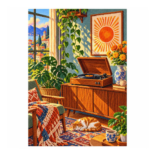 Finished white-background diamond painting of a cat beside a vintage record player and sunny window