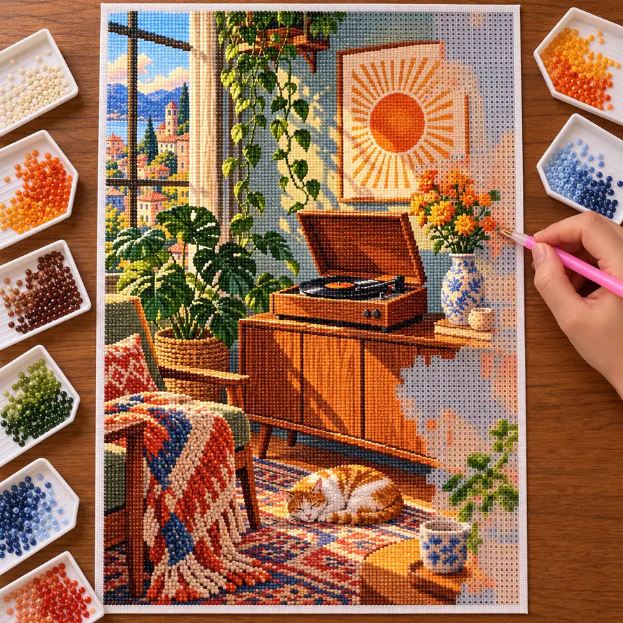Hands placing drills on the cat and vintage record player design